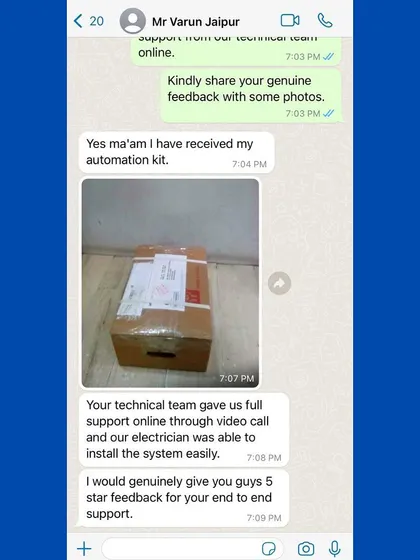 This is what makes it all worthwhile. Here's a screenshot from a happy client in Jaipur who we assisted remotely. Our technical team provided full support via video call to his electrician for a smooth installation.