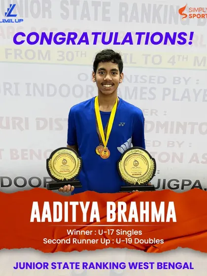 We are incredibly proud to celebrate Aaditya Brahma's dual victory at the Junior State Ranking in West Bengal. His win in U-17 Singles and second runner-up position in U-19 Doubles showcases the competitive edge we foster in our junior badminton programs.