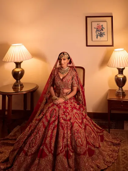 The full view of the Nazaakat bride, her magnificent lehenga filling the frame.