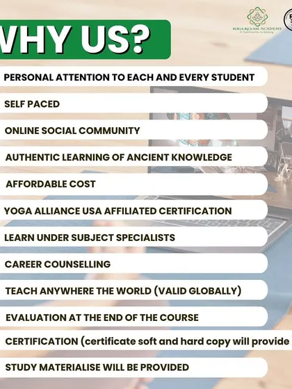 This image lists the advantages of our advanced 300-hour yoga teacher training, which reflects the principles of all our courses. We offer personal attention, self-paced study, authentic knowledge from subject specialists, and a globally recognized Yoga Alliance certification.