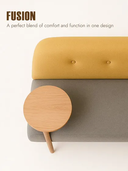 This top-down view highlights the fusion of function and design in this sofa. The built-in wooden side table is seamlessly integrated, offering a convenient surface for a drink or a book while maintaining the piece's sleek profile.