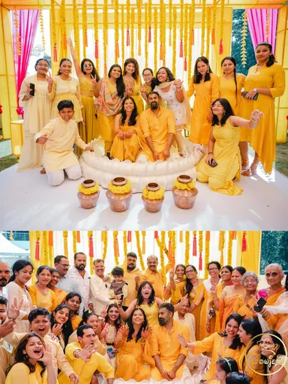 A collage of happy group photos with family and friends, all dressed in yellow for the Haldi theme.