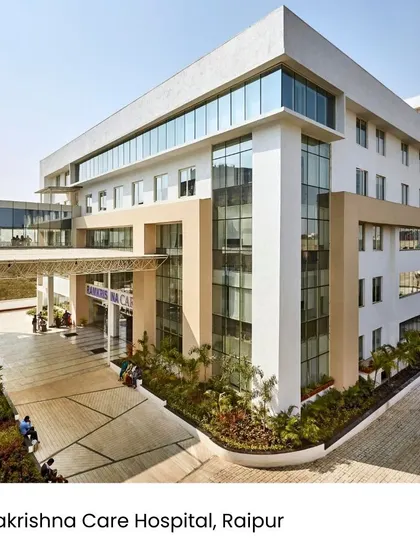 This view of Ramakrishna Care Hospital in Raipur highlights the seamless connection between the old and new blocks via an elevated bridge. This integration is key to maintaining operational flow during a campus expansion.