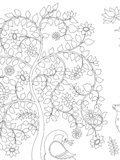The initial line art and design concept for the Databricks mural, inspired by Madhubani and Kalamkari styles. This is where the story begins before the first drop of paint is applied.