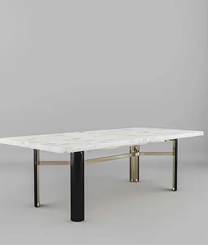 This angle showcases the combination of black and gold-finished legs on the Delight dining table, adding a layer of visual interest and luxury.