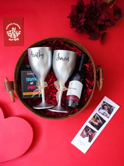 Another flat lay of the 'Romantic Escape' hamper, showcasing all the elements for a perfect date night in.