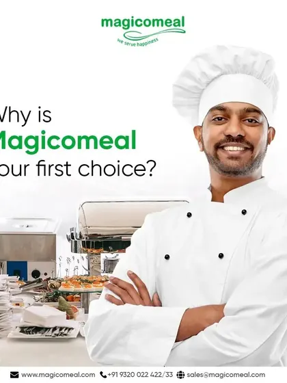 Why is Magicomeal your first choice? This graphic introduces our core values: a client-first approach, diverse menus, fresh ingredients, and trained professionals, making us the right partner for your culinary needs.