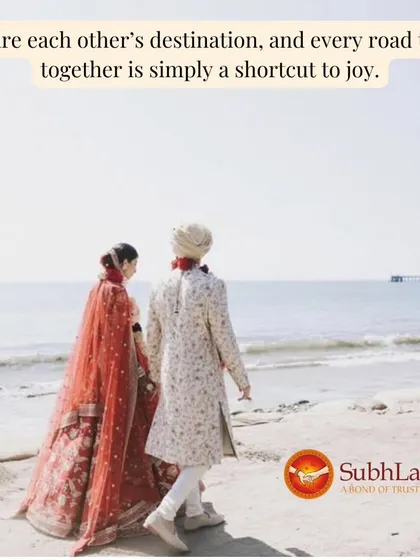 A bride and groom in their wedding attire walk along the beach, hand in hand. Finding your destination in each other is the ultimate goal of our personalized matrimonial service.