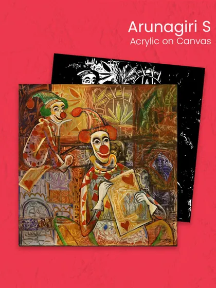 A graphic highlighting works by Arunagiri S, an acrylic on canvas piece featured in our Tamil Nadu showcase.