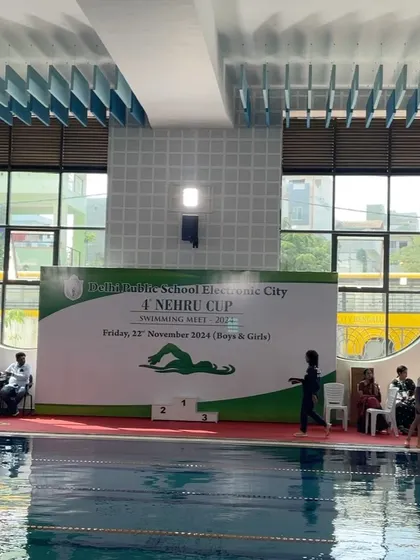 The setup for the 4th Nehru Cup Swimming Meet at Delhi Public School. This is where our young swimmers get to test their skills against others.