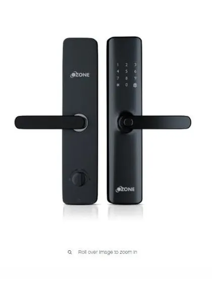 A front and back view of the Ozone IRIS-11 smart digital door lock. The image displays the sleek exterior keypad and handle, along with the interior unit featuring the night latch for added privacy.