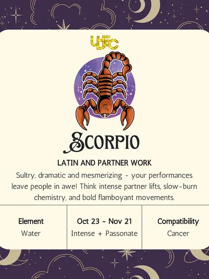 Scorpio: Latin & Partner Work. Your performances are sultry, dramatic, and mesmerizing. Think intense partner lifts, slow-burn chemistry, and bold movements.
