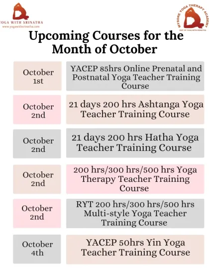 The October schedule is here. Choose from a wide range of teacher training courses, including Prenatal, Ashtanga, Hatha, and Yin Yoga.