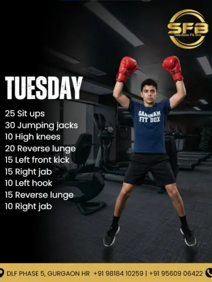 This is your Tuesday workout. We've planned a mix of sit ups, jumping jacks, kicks, and punches to keep your training varied and effective, targeting different muscle groups and keeping your heart rate up.