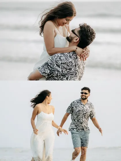 Two moments in one. A playful run in the waves and an intimate embrace, showing the variety of shots we can capture during a beach pre-wedding session.