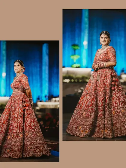 More portraits of the bride in her red lehenga, showcasing the incredible detail and craftsmanship of her wedding attire from different perspectives.