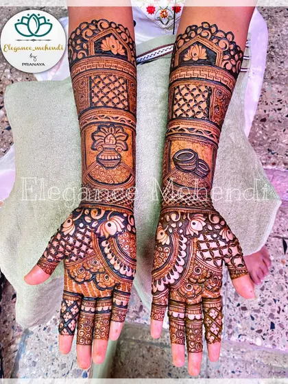 A complete view of the custom bridal mehendi, showing how different symbolic elements can be woven together into a cohesive and meaningful design.