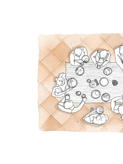 Another perspective of the communal table sketch, emphasizing the social aspect of dining and sharing food.