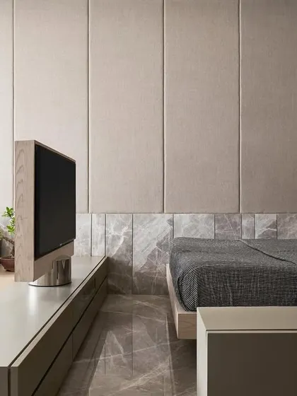 Here is the finished multifunctional guest room from Project Acropolis, which started as the 3D concept. The final product perfectly executes the idea of a rotating TV unit dividing the space into two functional zones.