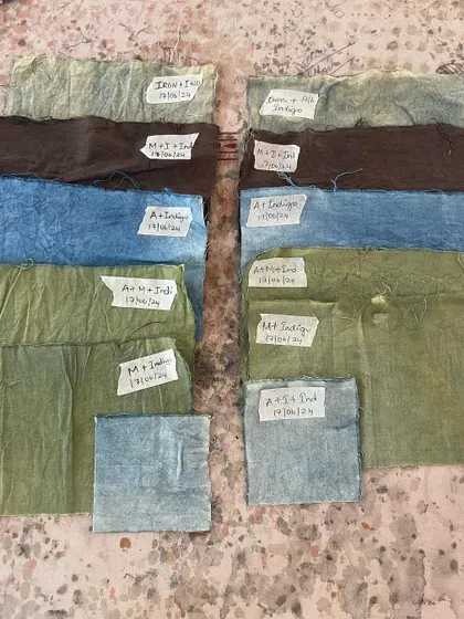 A collection of fabric swatches from student experiments, showcasing different color combinations achieved with natural dyes. Each swatch is carefully labeled to document the recipe.