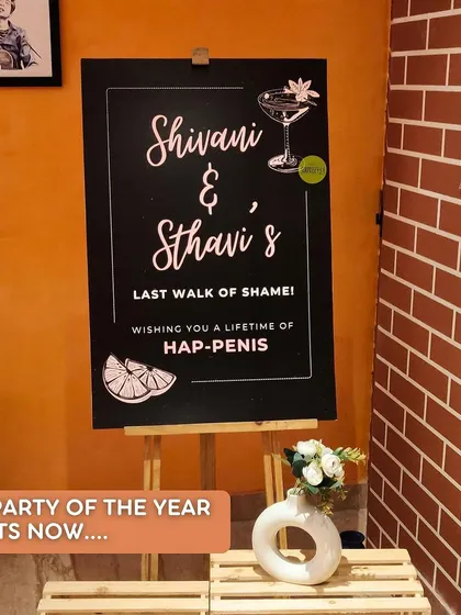 The party of the year starts now! A cheeky and fun welcome sign for a joint bachelorette party, setting the tone for a night of celebration.