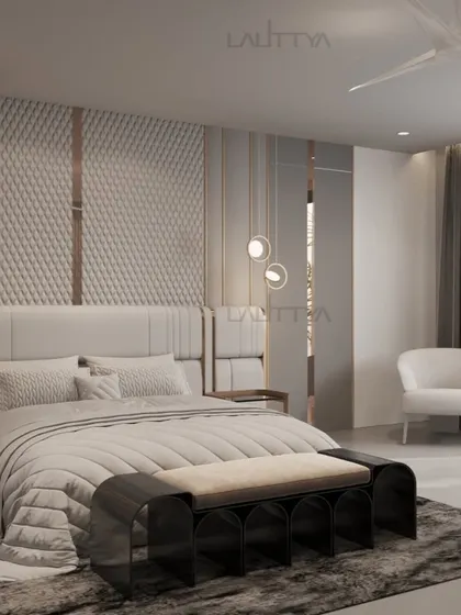 A beautifully appointed bedroom showcasing our signature style of quiet luxury. This space combines layered textures, a soothing color palette, and bespoke furniture to create a personal sanctuary for rest and relaxation.