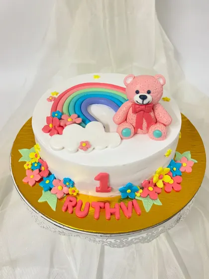 This rainbow and teddy bear cake was a last-minute request for a first birthday. I managed to bake and decorate it in just 6 hours, even during the Bangalore floods, to make a little girl's day special.