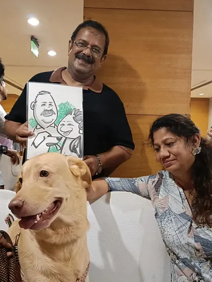 This couple's lovely dog was the center of attention, and their caricature reflects that.