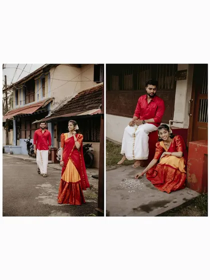 A collage showing a couple in a traditional Kerala village setting, capturing the local culture and their connection.