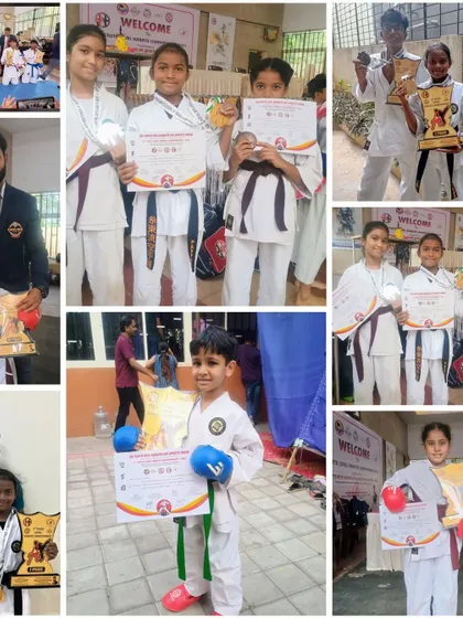 A collage of our champions. These photos capture the joy and pride of our students after their victories at various karate tournaments.