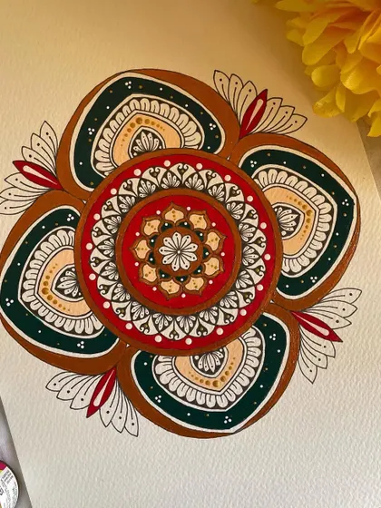 Where mindfulness meets creativity. This piece has an earthy, grounded feel with its use of deep green, brown, and red.