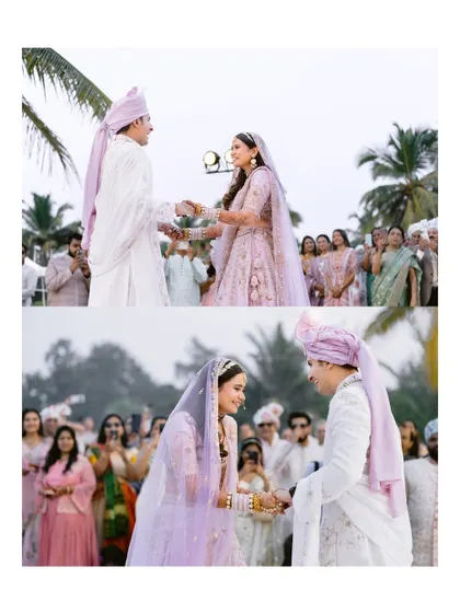 A two-part sequence of the couple exchanging garlands during their beachside varmala ceremony, capturing their joy and connection.
