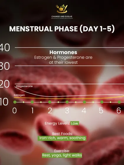 During the menstrual phase (Day 1-5), estrogen and progesterone are at their lowest, leading to low energy. I advise prioritizing rest, warm foods, and gentle exercise like light walks.
