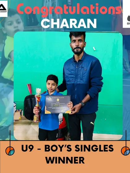 Congratulations to Charan on winning the U9 Boy's Singles. I am proud to be part of his journey as he develops into a formidable young player.