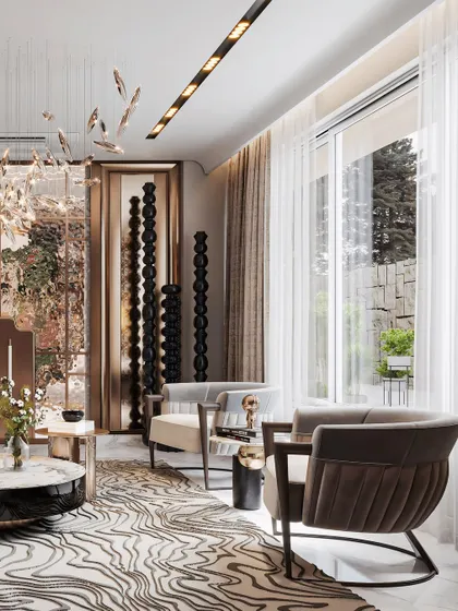 This drawing room render is a study in form and contrast, featuring bespoke seating and layered paneling. The visualization captures the artistic quality of the space, from the sculptural totems to the abstract rug.