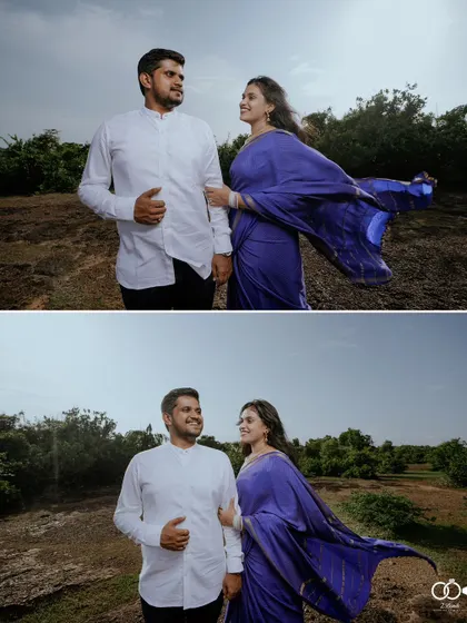 A diptych capturing the couple's interaction in a windy field, her saree flowing as they share a smile.