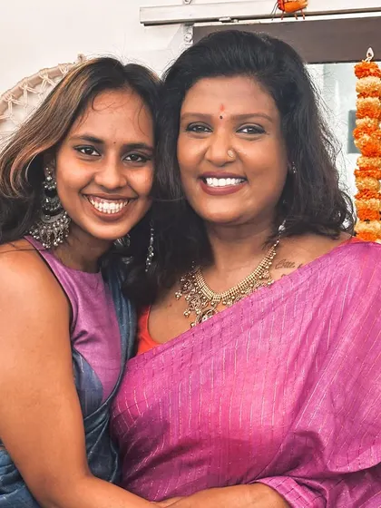 A happy hug during our Dasara celebrations. It's moments like these, surrounded by friends and family, that I cherish the most.