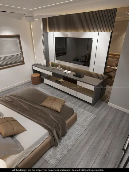 A high-angle view of the master bedroom, showcasing the TV unit and the overall layout of the space.
