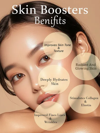The benefits of Skin Boosters, which deeply hydrate, improve skin tone and texture, stimulate collagen, and reduce fine lines for a radiant glow.