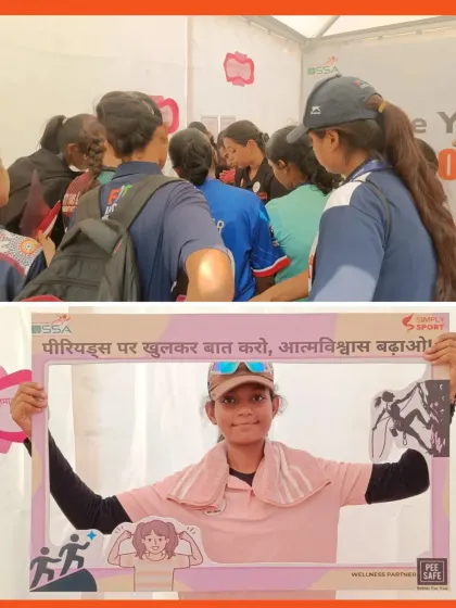 Athletes at our Khelo India Youth Games kiosk hold a frame that says, "Speak openly about periods, increase your confidence!" This captures the essence of our mission to empower through education.