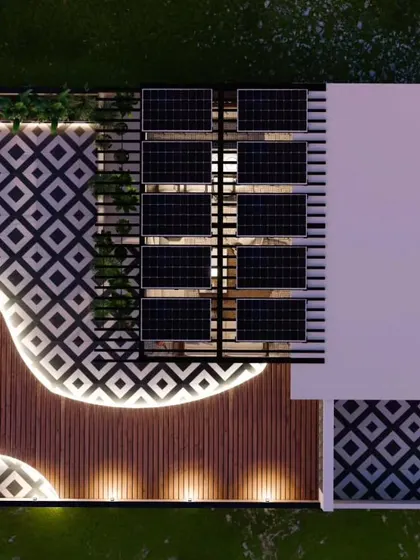 A top-down 3D render showing a terrace layout with a curved wooden deck, patterned tiles, and a pergola with solar panels.