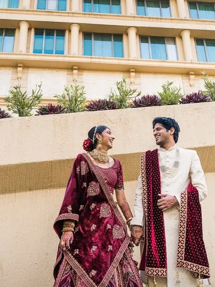 A beautiful portrait of Khushi and Gaurav, hand in hand, ready to start their new life together.