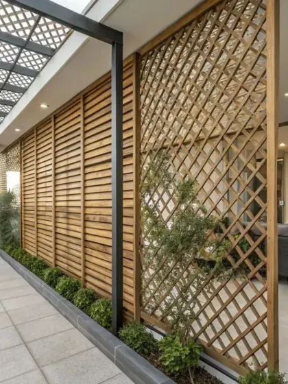 This design combines horizontal wooden slats with a diagonal lattice panel. This pairing offers two different levels of privacy and texture, creating a visually dynamic and functional screen for a modern terrace.