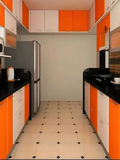 This parallel kitchen maximizes storage and workspace with its dual-counter layout. The bright orange and white cabinets, paired with a black countertop and patterned tiles, create a retro-inspired, dynamic look.