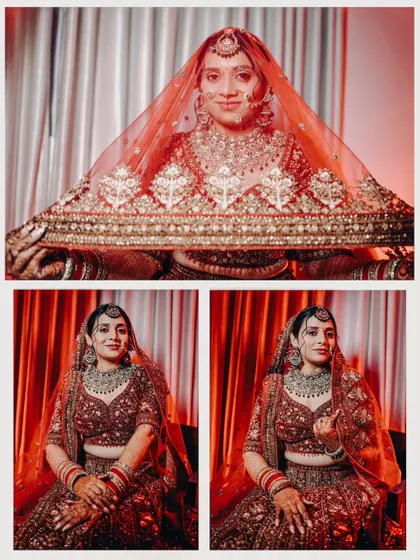 A collage of three bridal portraits, including a beautiful shot of the bride looking through her embroidered veil. These images are a perfect blend of tradition and modern portraiture.