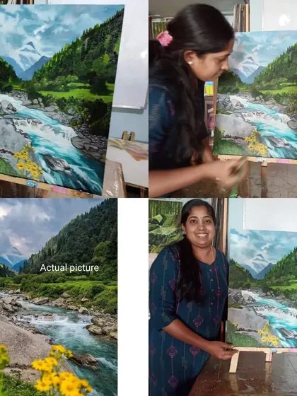 Ashwini Anil recreated this stunningly realistic photo of Manali in her oil painting course. This collage shows the reference picture, her process, and the final masterpiece, showcasing the power of dedicated practice.