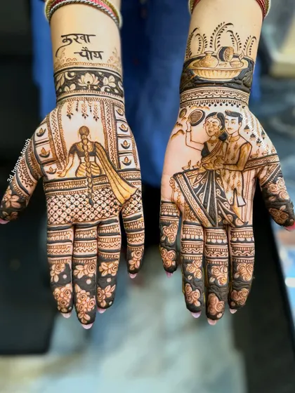 Another one of our signature Karwa Chauth narrative designs. One hand depicts a woman on a balcony waiting for the moon, while the other shows the couple celebrating the ritual together, complete with a decorative puja thali.