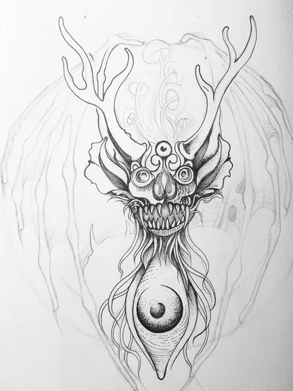 The initial pencil sketch of the winged demon creature.
