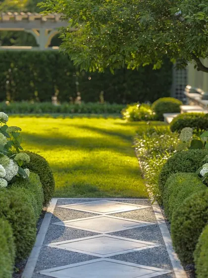 A formal garden path with a diamond pattern created from stone and gravel. The path is bordered by low boxwood hedges and flowering hydrangeas, leading the eye towards a sunlit lawn.