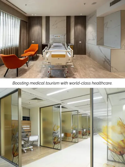 We designed patient rooms and treatment areas at Sharda Care Healthcity to support medical tourism. The spaces blend hotel-like comfort with world-class medical functionality, featuring warm wood tones and artistic glass partitions.